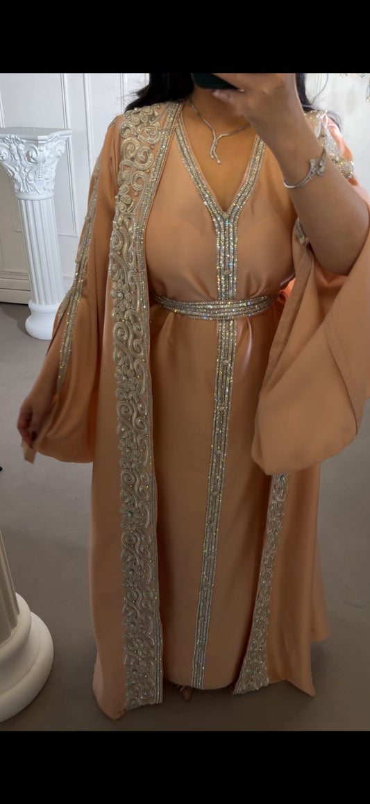 Meera Coral 3 Piece Luxury Soft Satin Hand Embellished Caftan With Flared Sleeves
