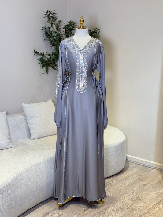 Hessa Side Corset Soft Satin Khaliji Caftan (Grey)