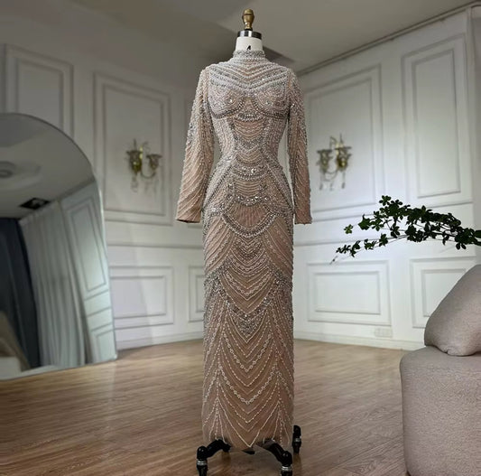 Beige Modest Fully Lined Hand Embellished Luxury Gown (pre-Order)