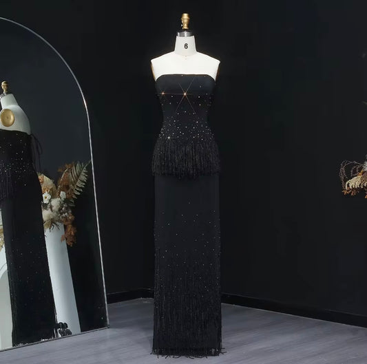 Roze Tasseled 2 Piece Elegant Gown with Corset Hand Embellished (Pre-Order)