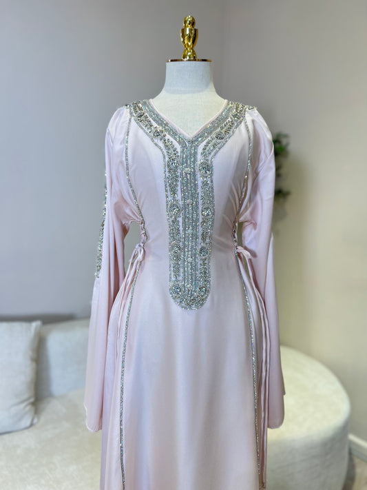 Hessa Side Corset Soft Satin Khaliji Caftan (Pastel Pink )