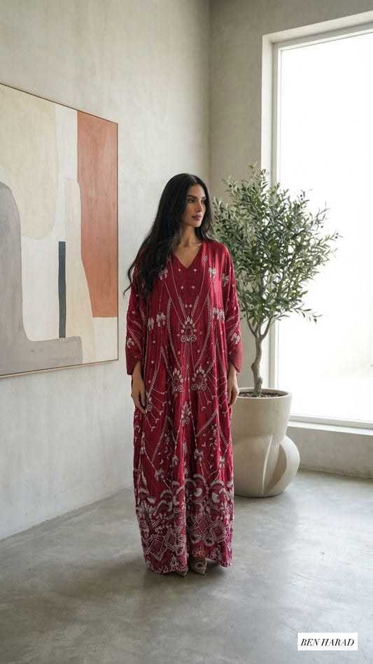 Lila Burgundy With Tie In Luxury Caftan