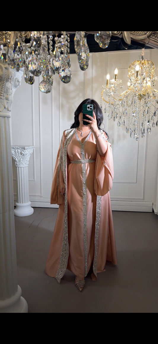 Meera Coral 3 Piece Luxury Soft Satin Hand Embellished Caftan With Flared Sleeves