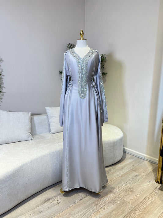 Hessa Side Corset Soft Satin Khaliji Caftan ( Silver )