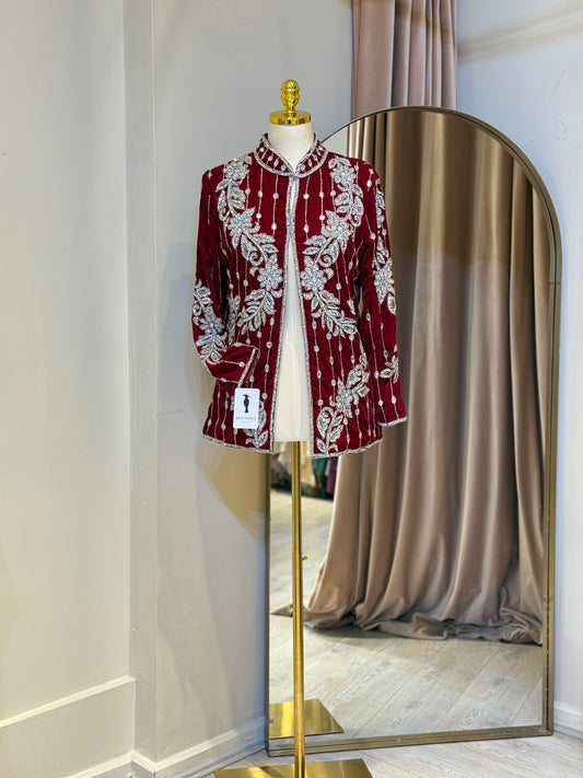 Luxury Red Velvet Hand Embellished Blazer