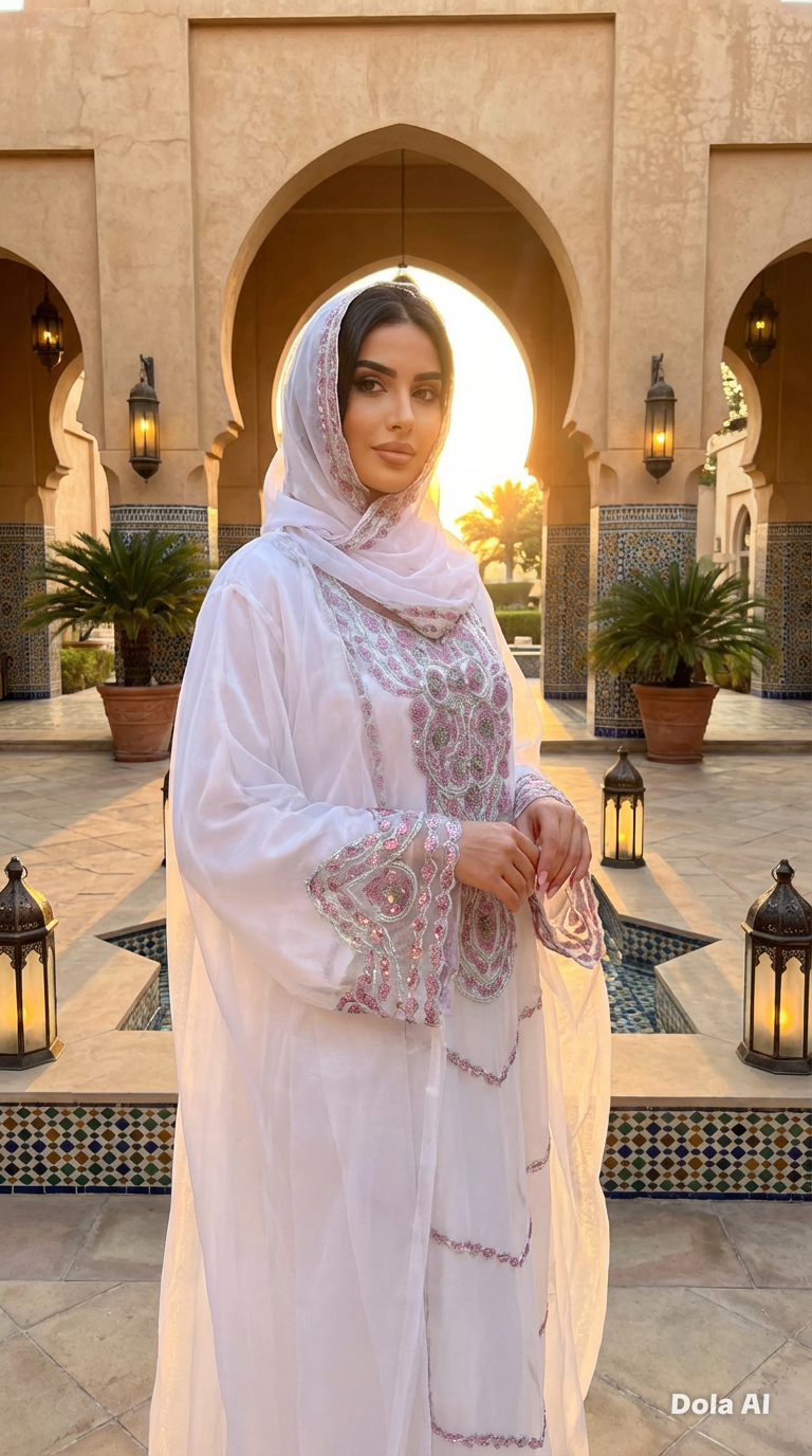 White & Pink Crystallised Emirate Thobe