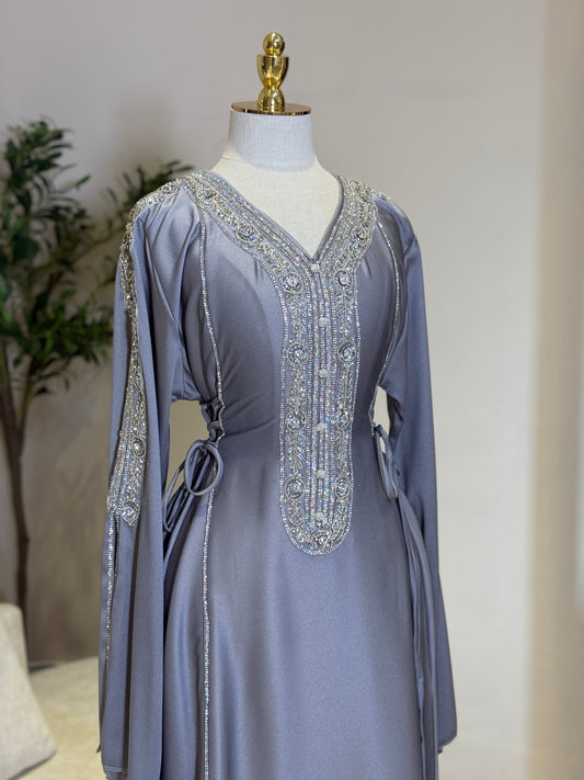 Hessa Side Corset Soft Satin Khaliji Caftan (Grey)