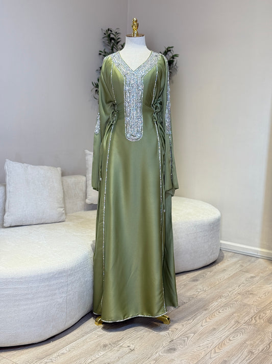 Hessa Side Corset Soft Satin Khaliji Caftan ( Olive )
