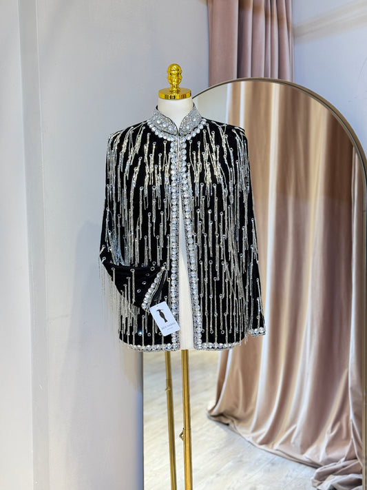 Luxury Silver & Black Velvet Hand Embellished Blazer