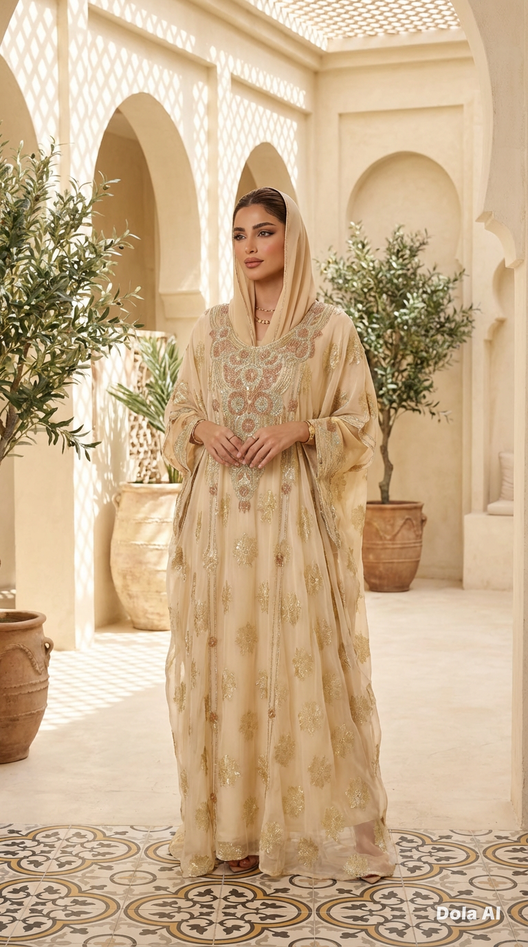 Beige with Gold Printed Crystallised Emirate Thobe
