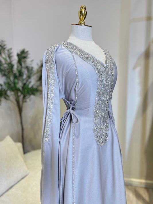 Hessa Side Corset Soft Satin Khaliji Caftan ( Silver )