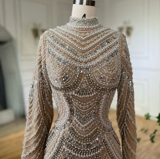 Beige Modest Fully Lined Hand Embellished Luxury Gown (pre-Order)