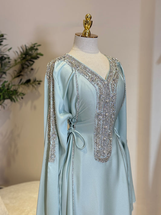 Hessa Side Corset Soft Satin Khaliji Caftan (Mint)