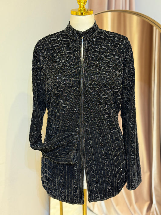 Luxury Black Velvet Hand Embellished Blazer