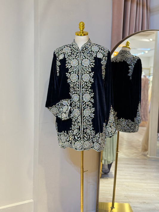 Luxury Navy Blue Velvet Hand Embellished Blazer