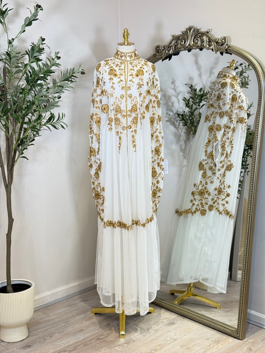 Luxury Net With Antique Gold Embroidered Caftan Comes With Sleeveless Under Slip