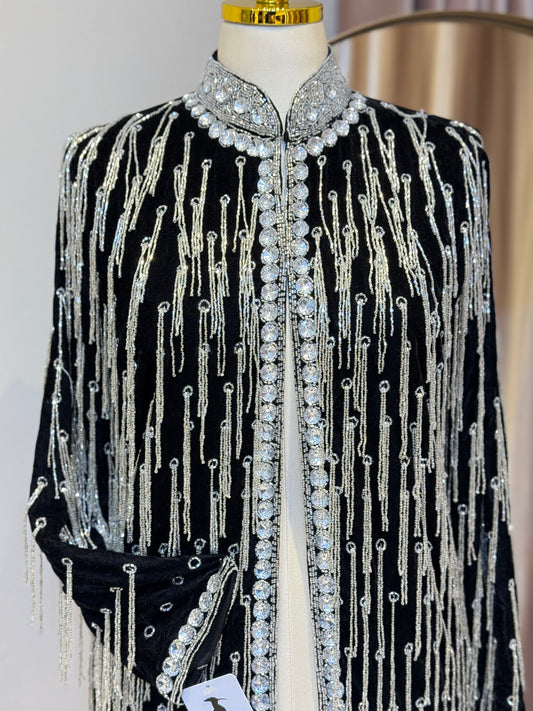 Luxury Silver & Black Velvet Hand Embellished Blazer