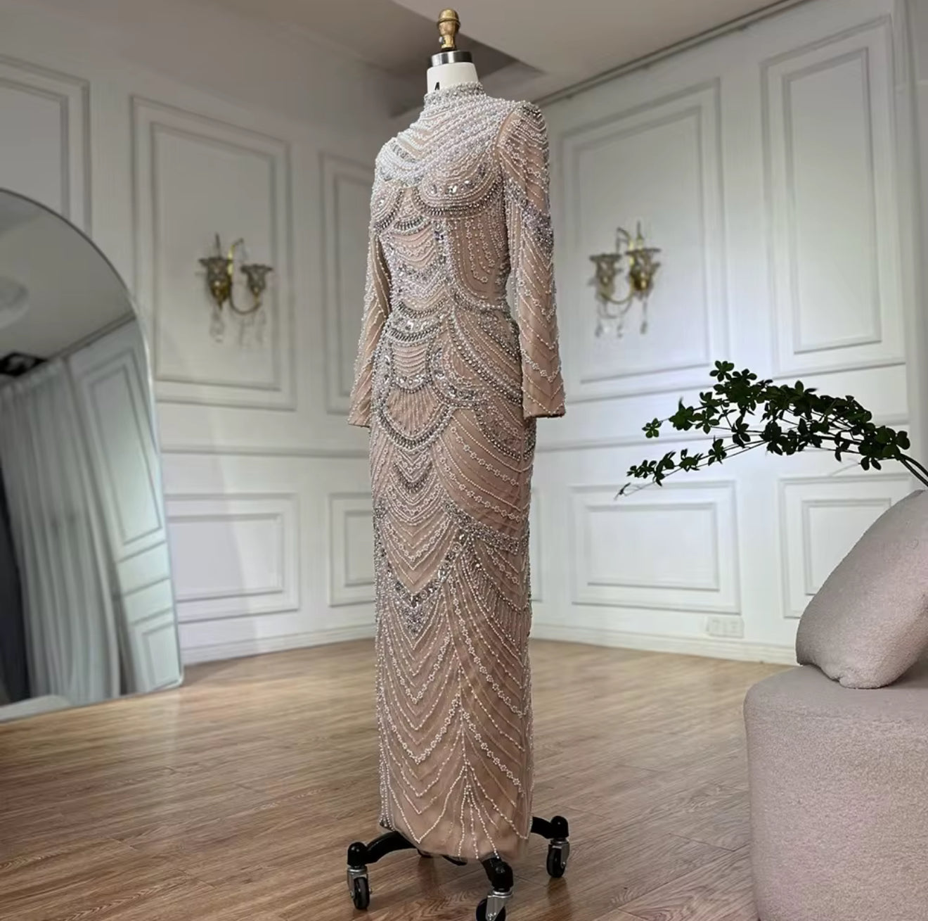 Beige Modest Fully Lined Hand Embellished Luxury Gown (pre-Order)