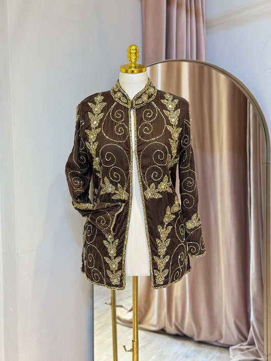 Luxury Brown Velvet Hand Embellished Blazer