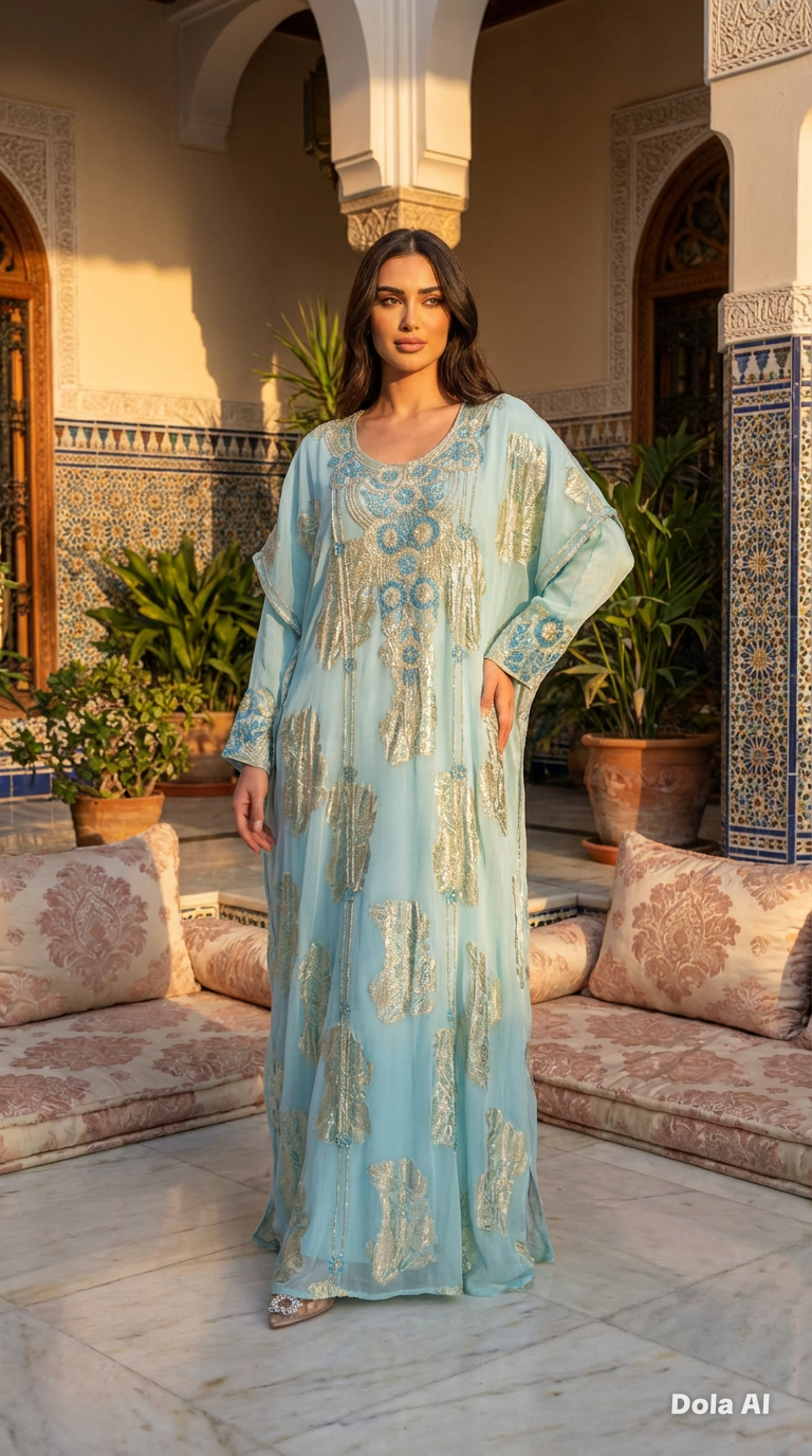 Tiffany Blue with Gold Printed Crystallised Emirate Thobe