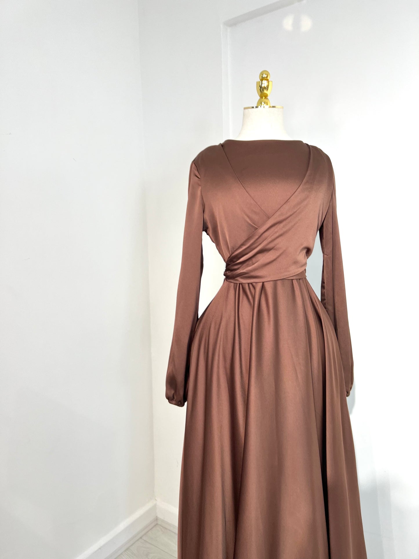 Lina Soft Flowy Luxurious Maxi Satin Dress (Brown)