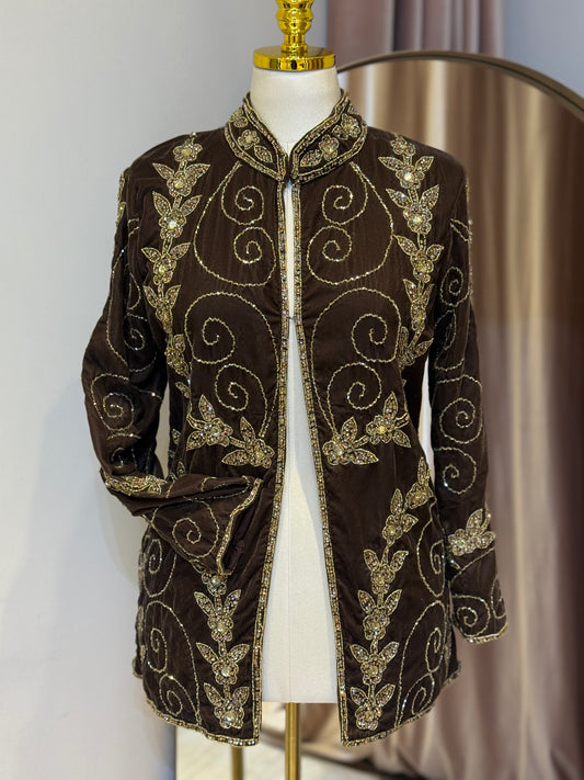 Luxury Brown Velvet Hand Embellished Blazer