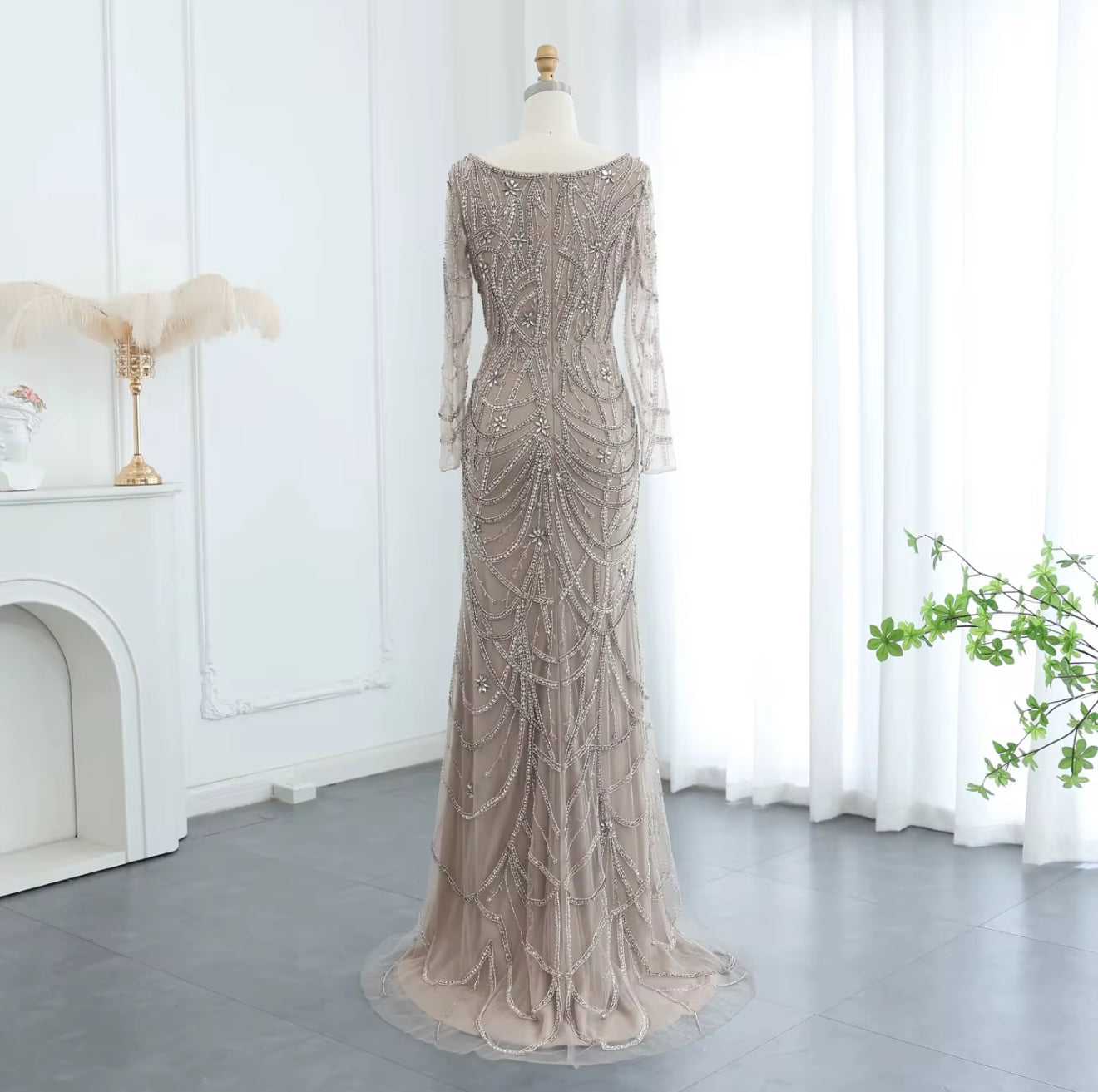 Anya Beige Modest Hand Embellished Gown (pre-order)
