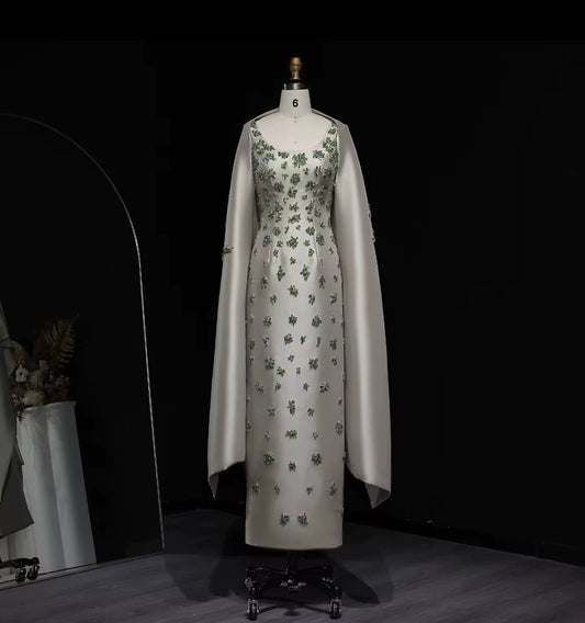 Dalida Satin Gown With Luxury Hand Embellished Stones with detached Cape (Pre-Order)
