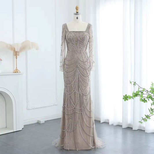 Anya Beige Modest Hand Embellished Gown (pre-order)
