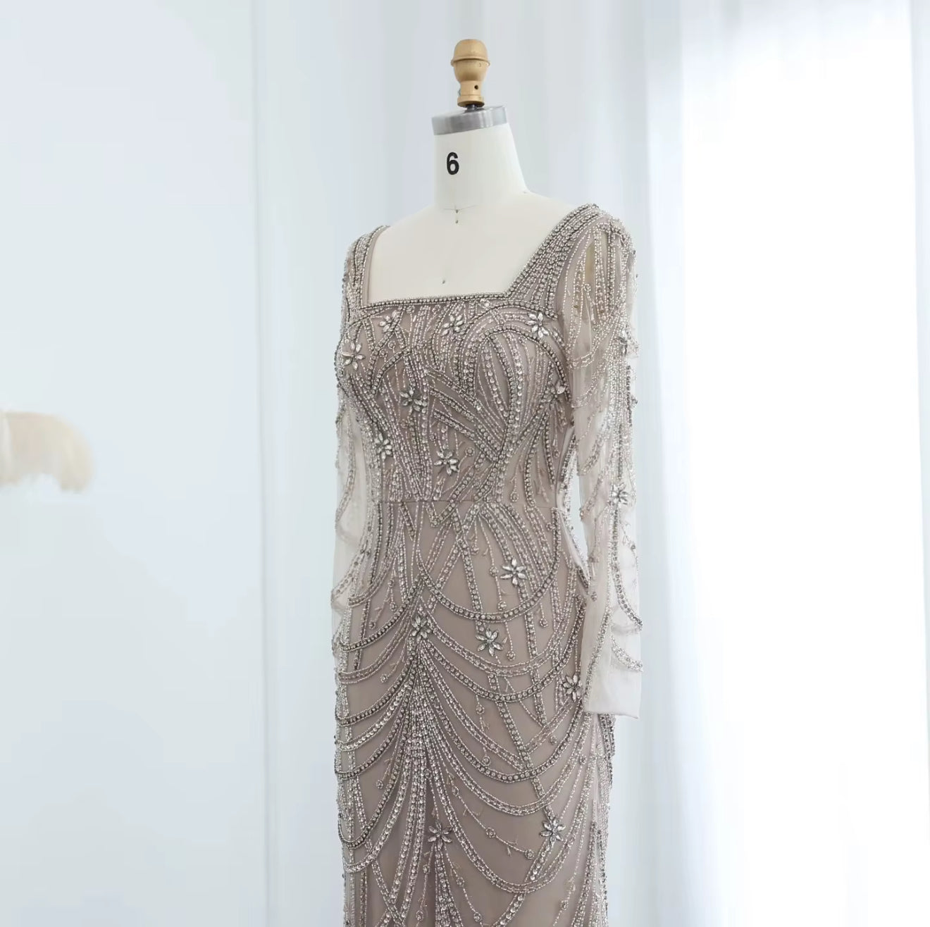 Anya Beige Modest Hand Embellished Gown (pre-order)