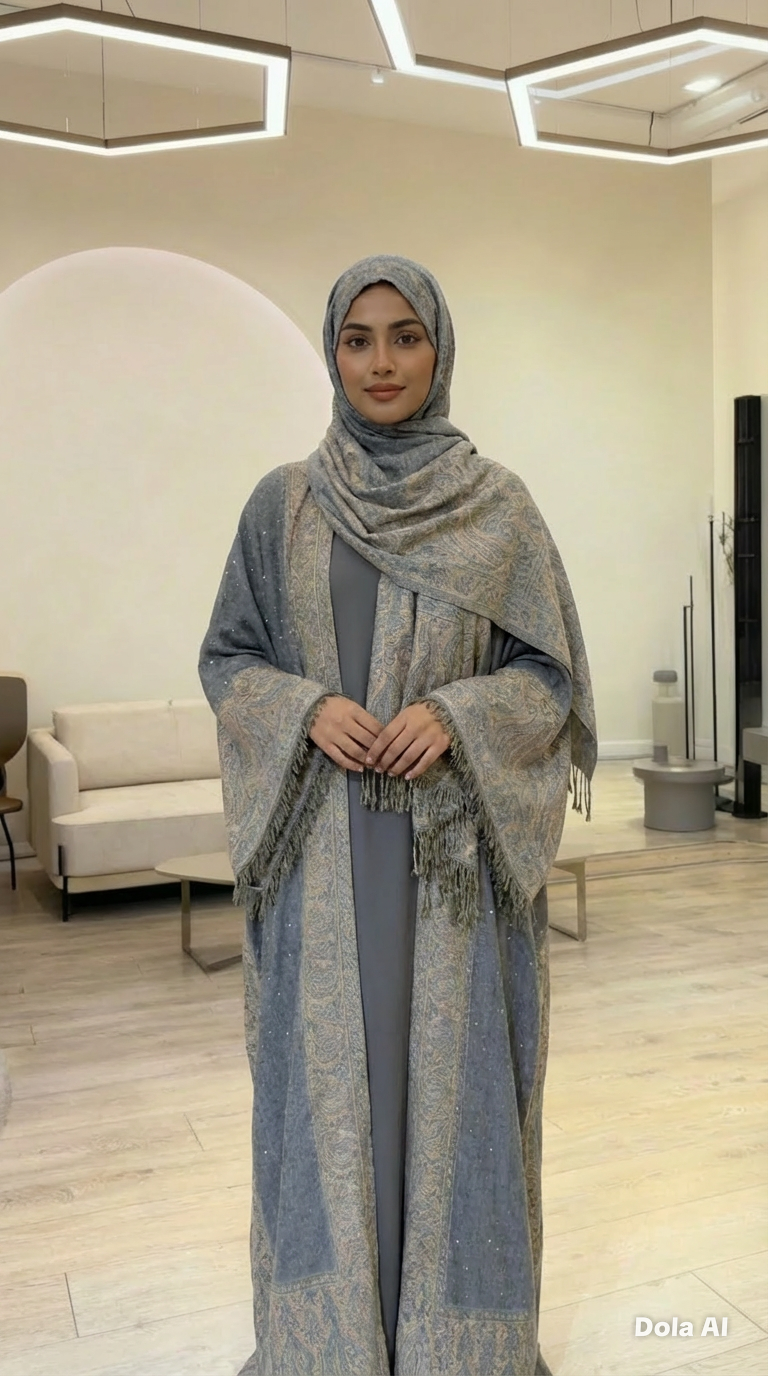 Grey & Cream 2 piece Pashmina Abaya