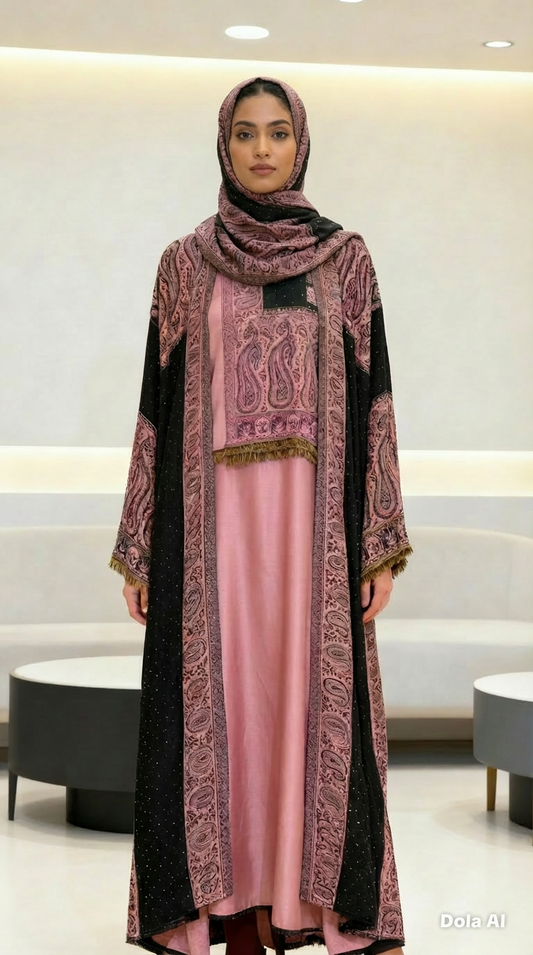 Pink & Black 2 piece Pashmina Abaya