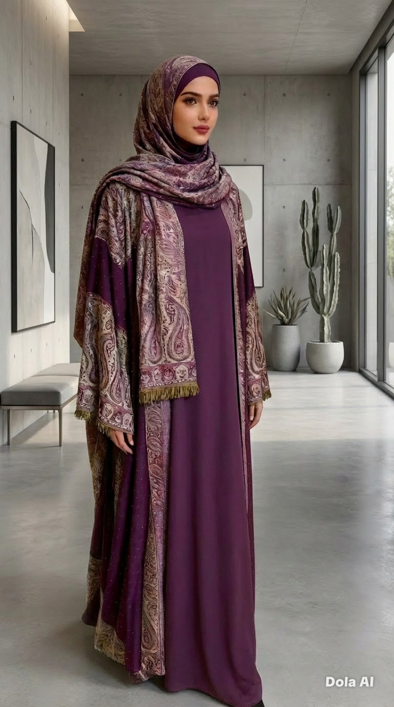 Fuchsia & Cream 2 piece Pashmina Abaya
