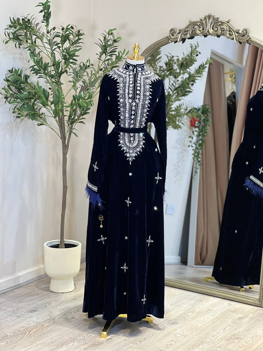 Haya Velvet Luxury Dress With Feathers
