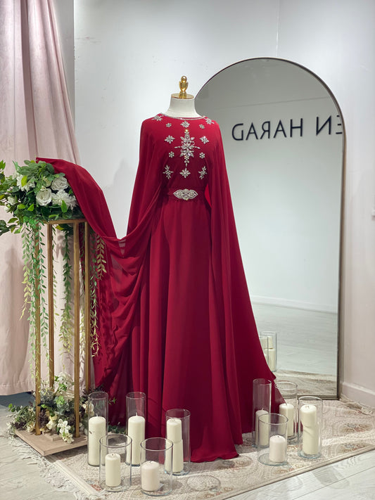 Elegant Red Attached Cape Gown