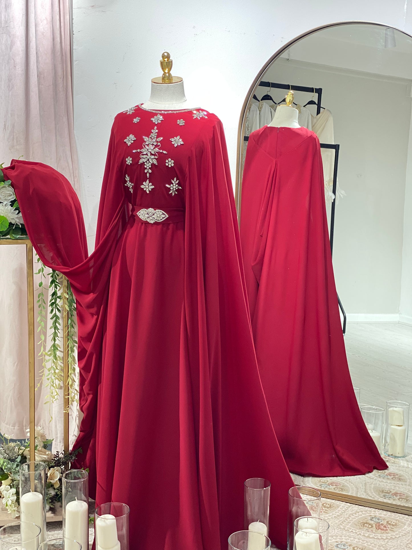 Elegant Red Attached Cape Gown