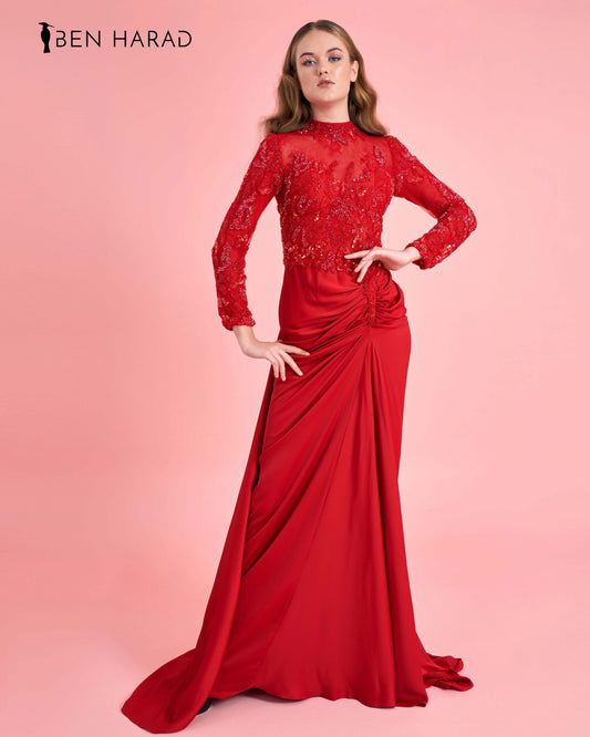 Red Front Folds Maxi Dress With Full Sequins Sleeves and Peafowl Tail