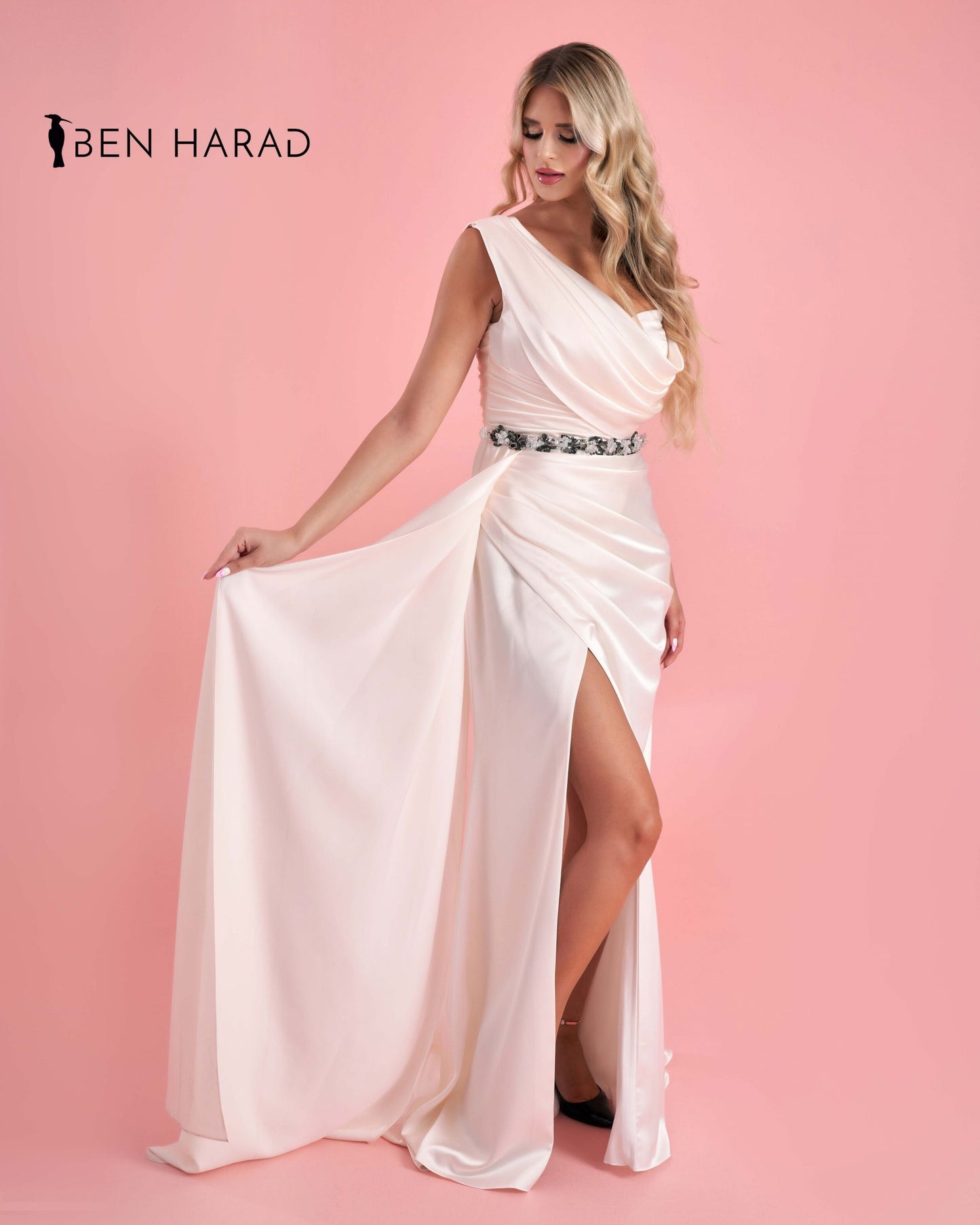 Jasmine White Folds Front Belted Silk Satin Split Thigh Dress