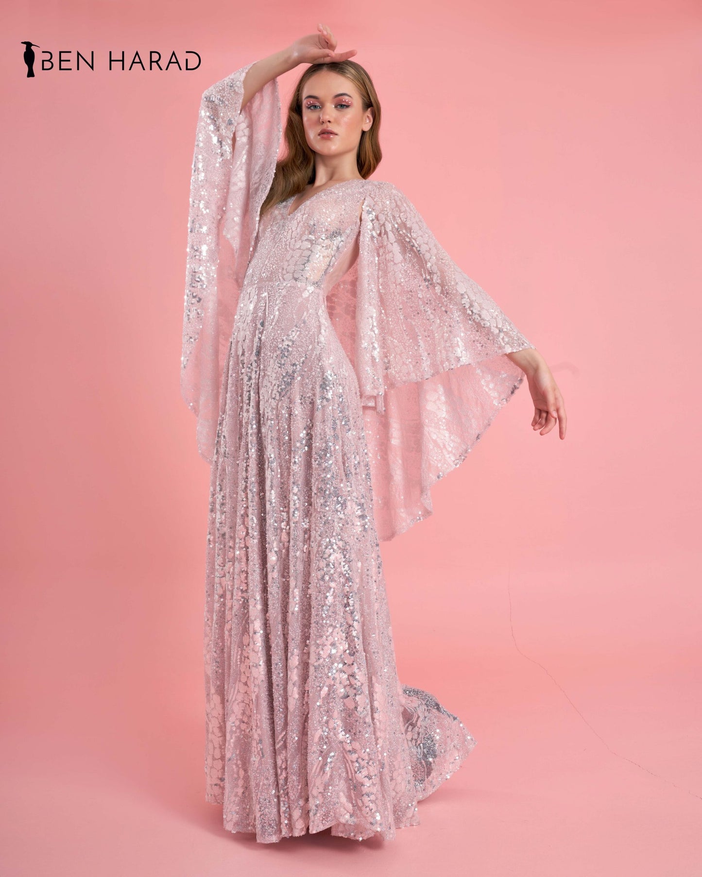 Cloudy Pink Sequin Silvery Embroidered Maxi dress