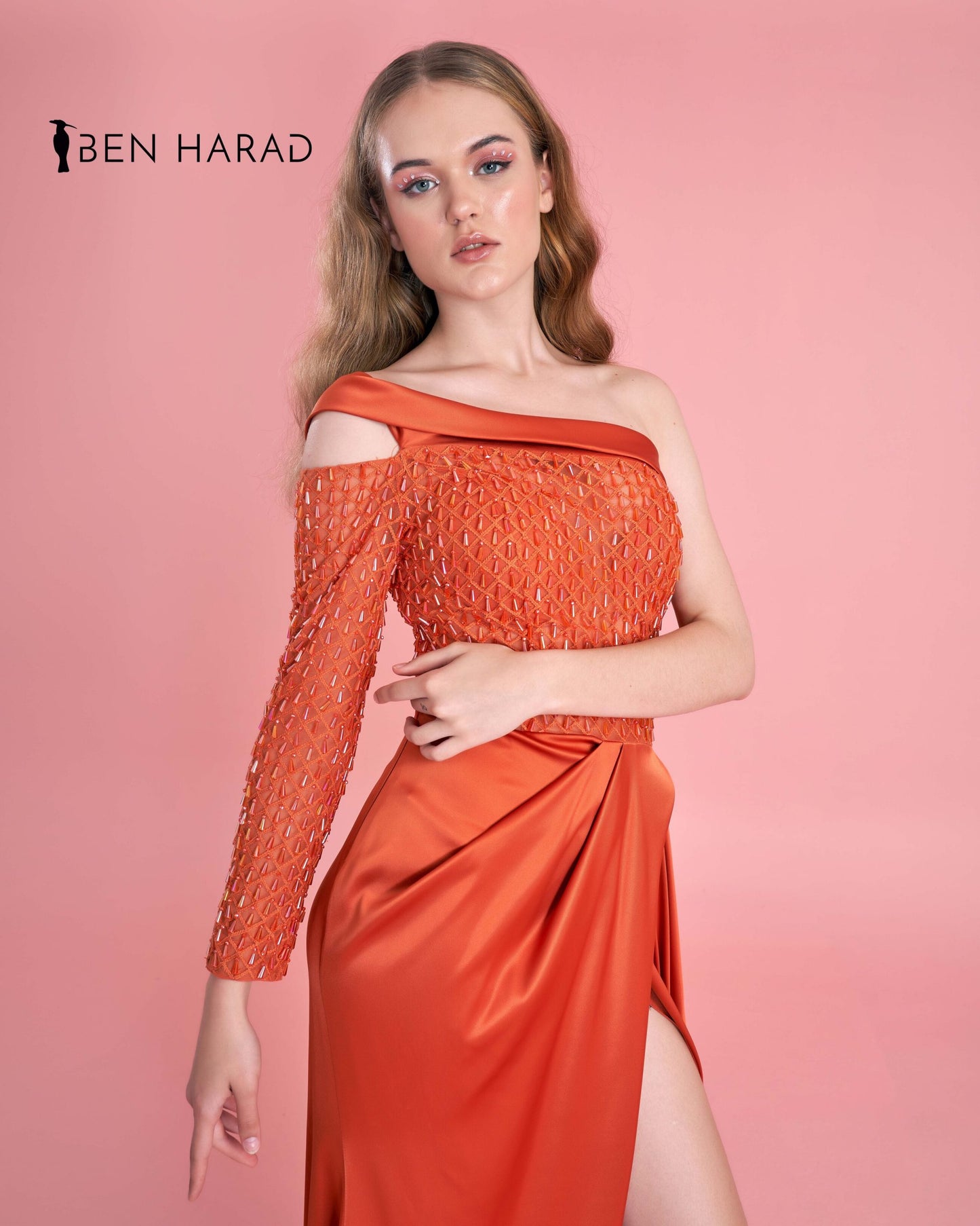 Orange Embroidered Sequin Bodice Split Thigh Maxi Satin Dress
