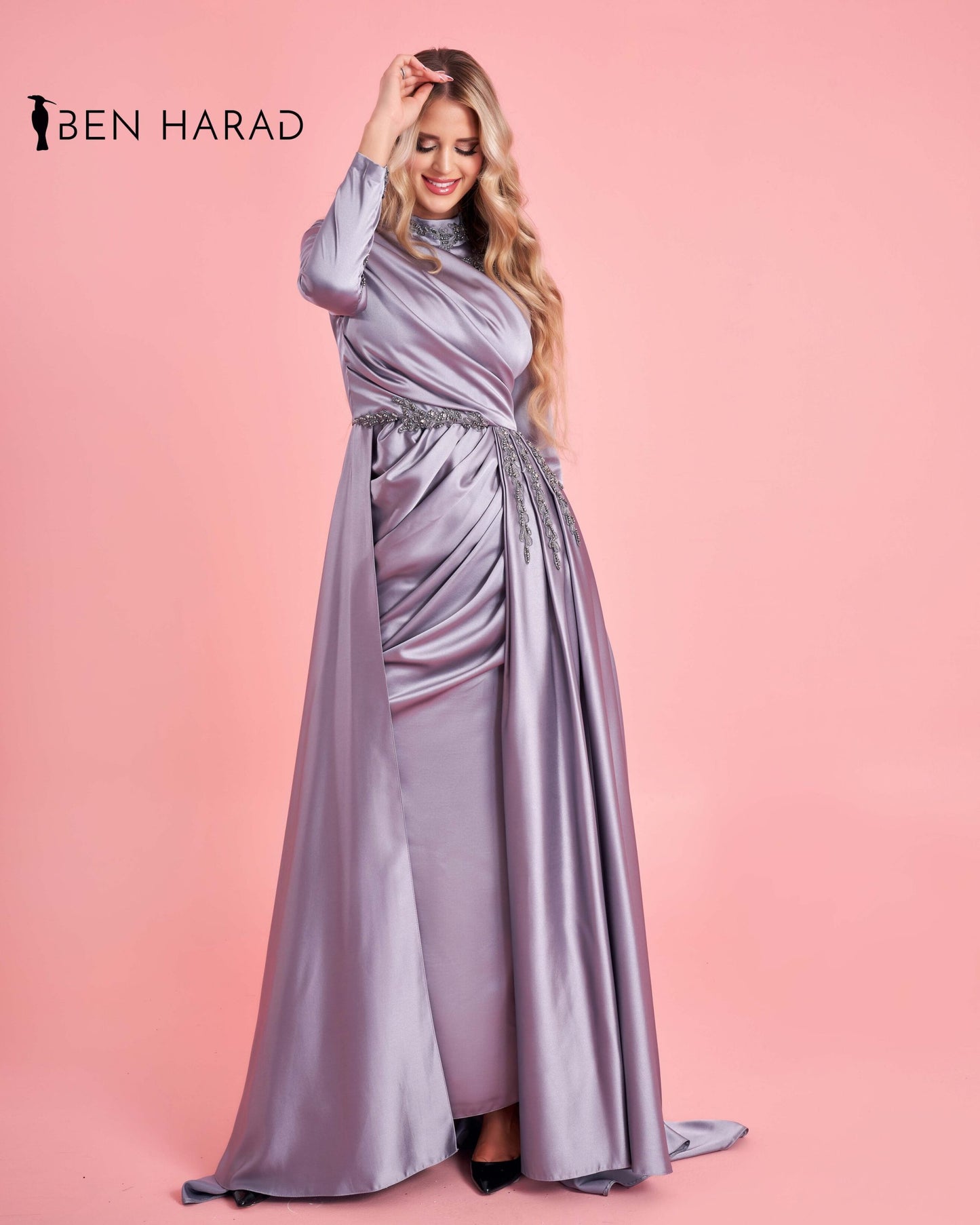 Lavender Modest Embroidered Front Folded Satin Dress