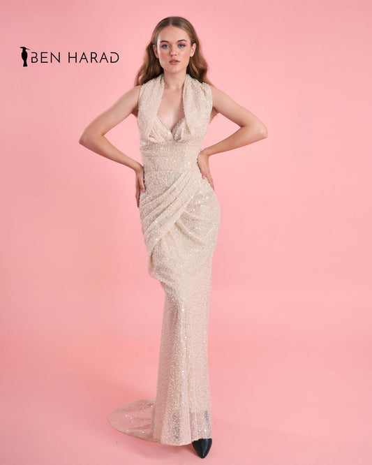 Champagne Pink Sequin Mesh Front Folded Open Back Maxi dress