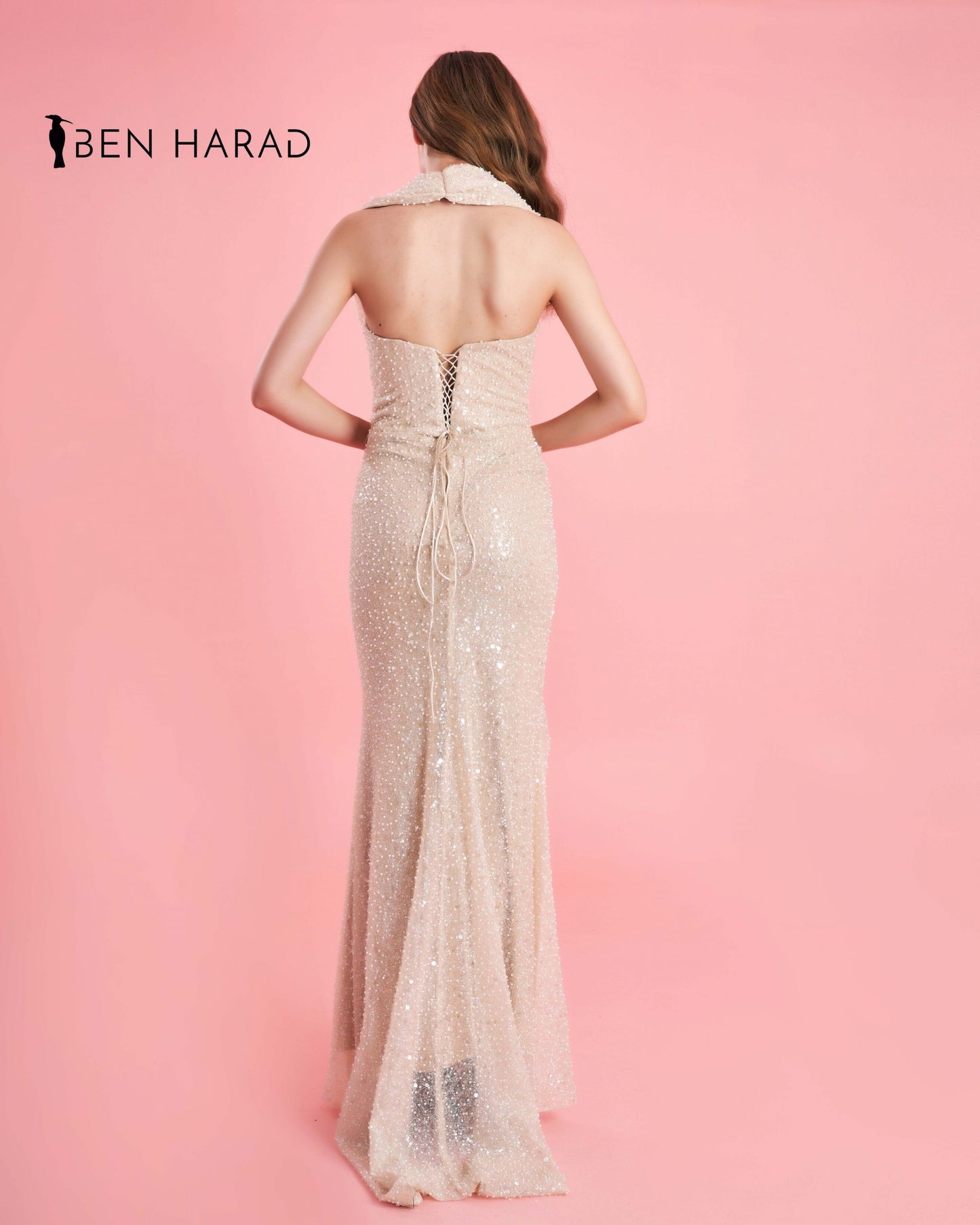 Champagne Pink Sequin Mesh Front Folded Open Back Maxi dress