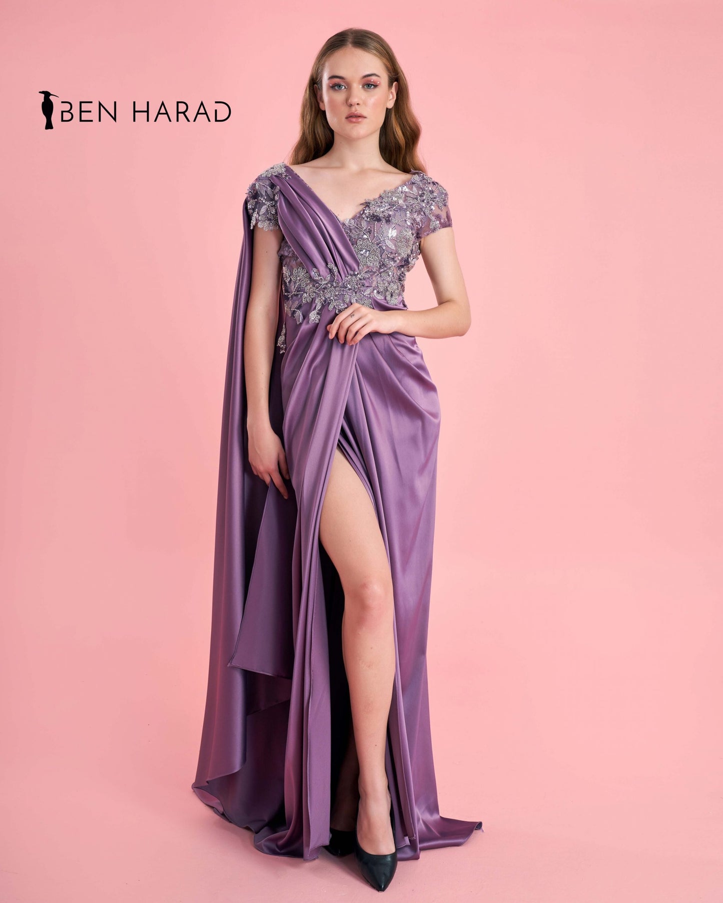 Moderate Purple Embroidered  Front Folded Split Thigh Maxi Satin Dress