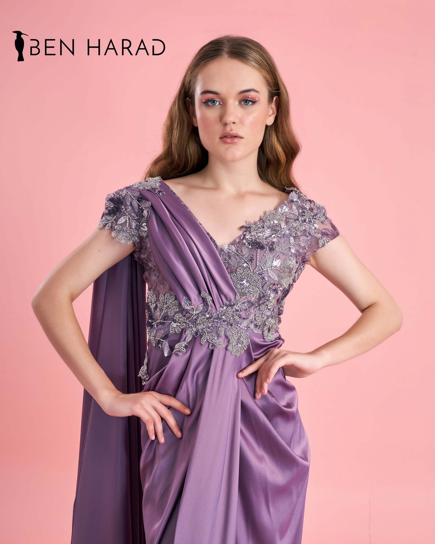 Moderate Purple Embroidered  Front Folded Split Thigh Maxi Satin Dress