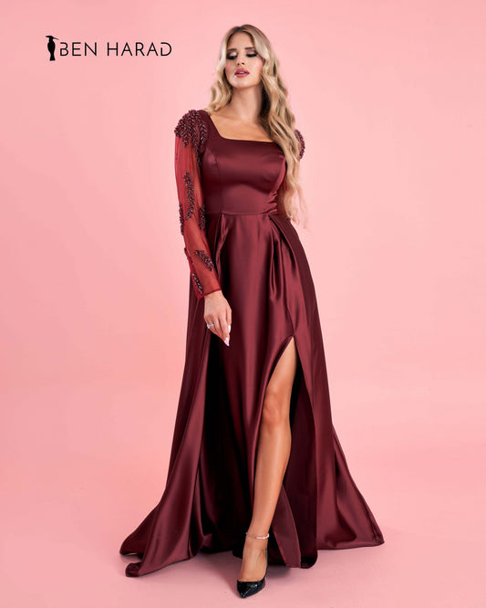 Burgundy Satin Maxi Dress With Embroidered Sequin Sleeves