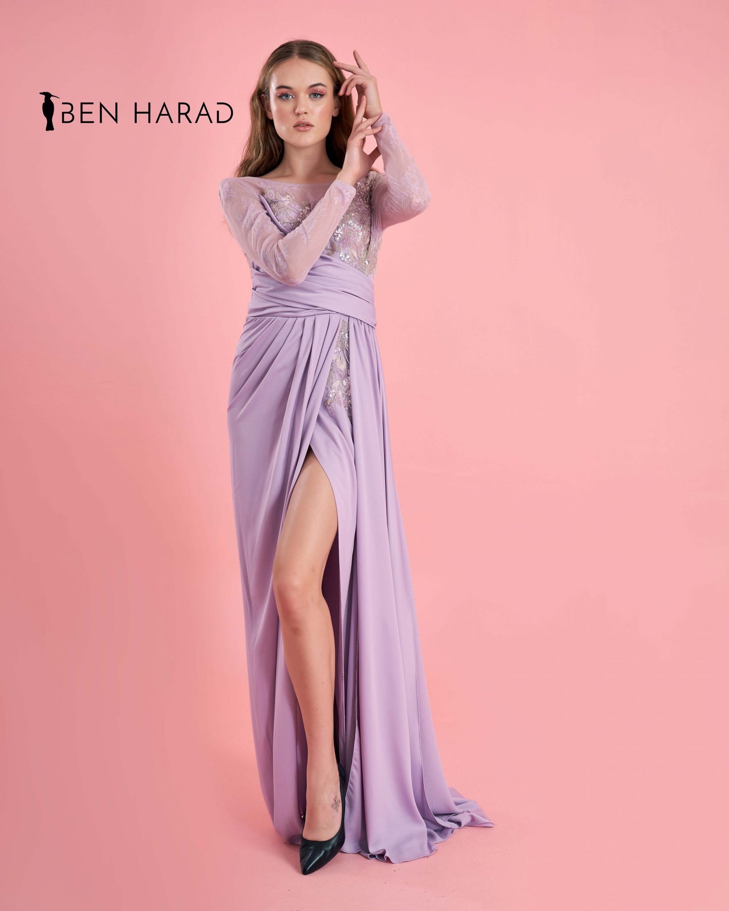 Lilac Sequin Bodice Full Sleeve Front Folded Split Thigh Maxi Satin Dress