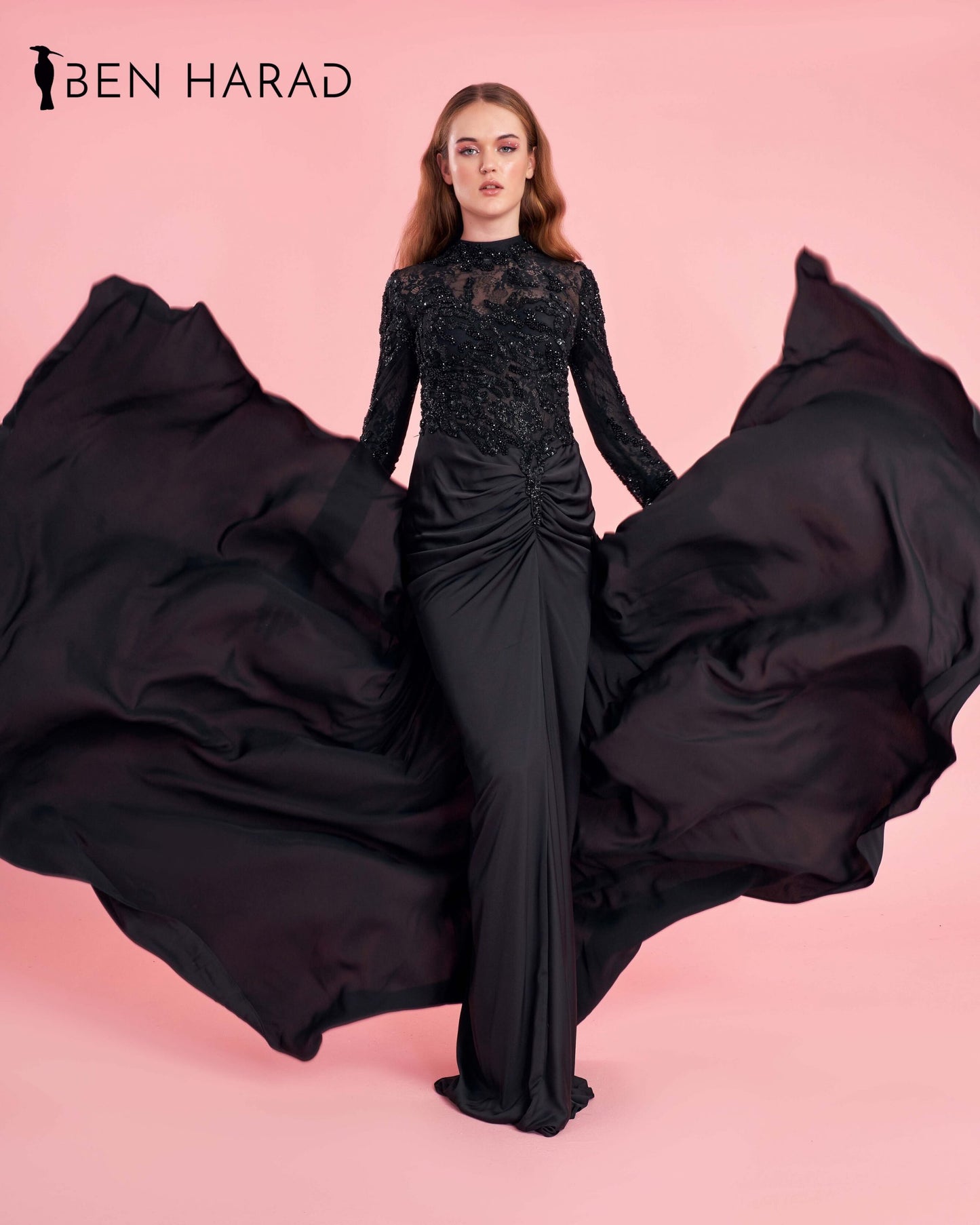 Black Front Folds Maxi Dress With Full Sequins Sleeves and Peafowl Tail