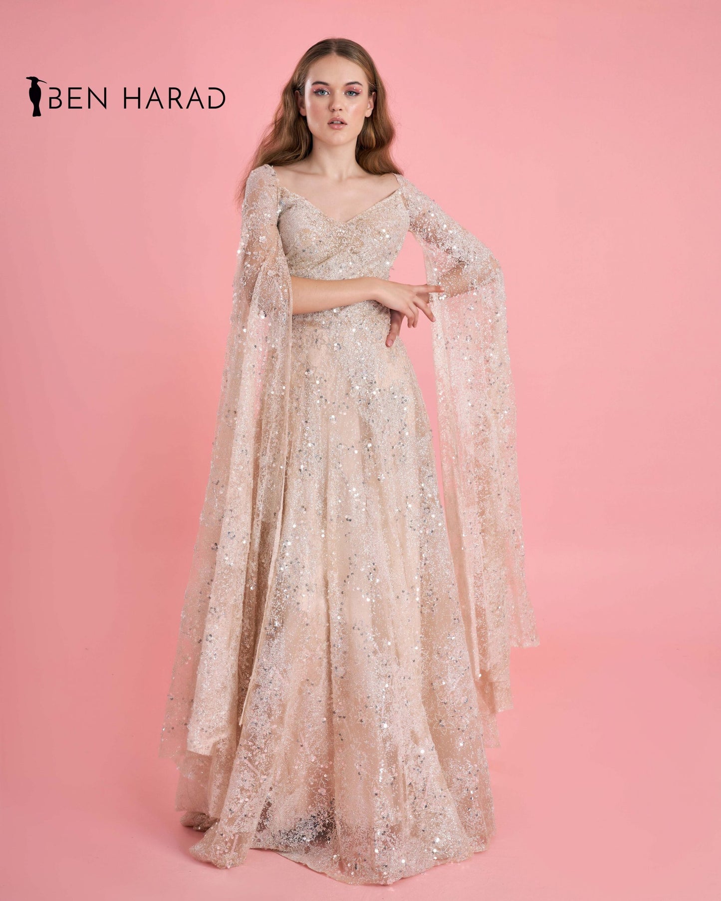 Pale Pink Embroidered Sequin Mesh V-Neck Maxi Dress