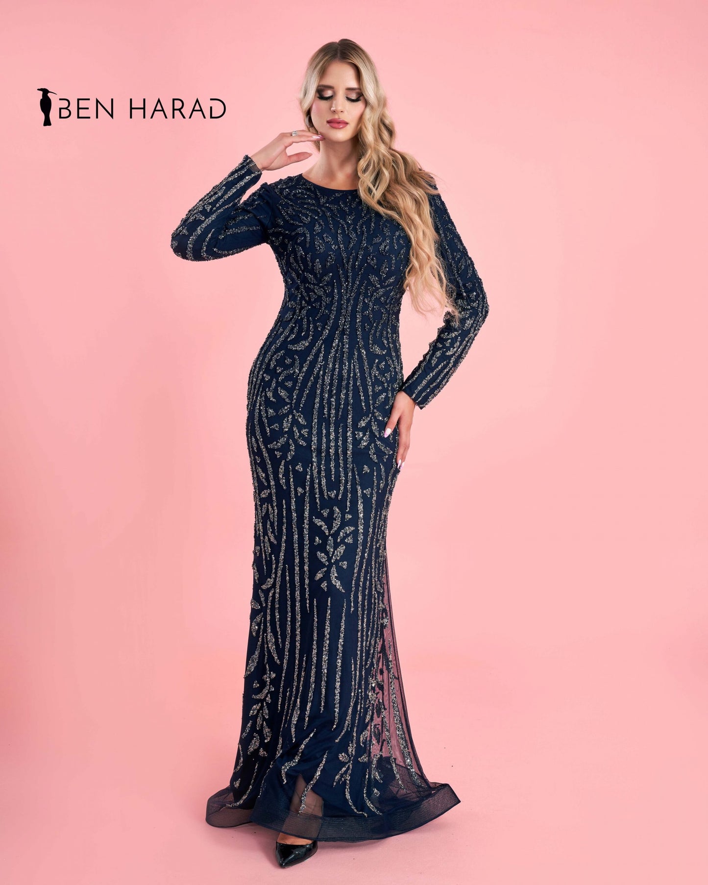 Navy Blue Embroidered Sequin Maxi Dress